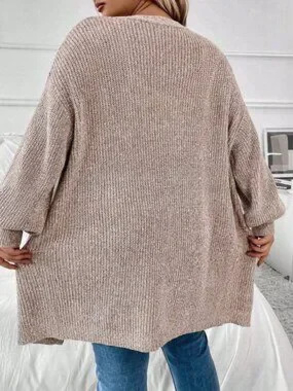 ZARA Khaki Women's Casual Plus Size Versatile Knitted V-Neck Cardigan - Picture 2 of 6